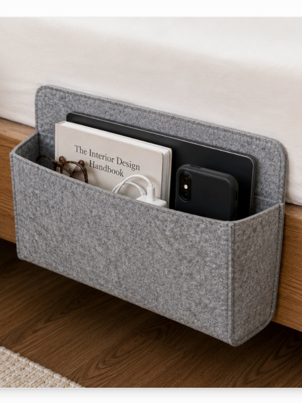 Kikkerland Gray Felt Off the Bed Storage Pocket Bedside Caddy Organizer